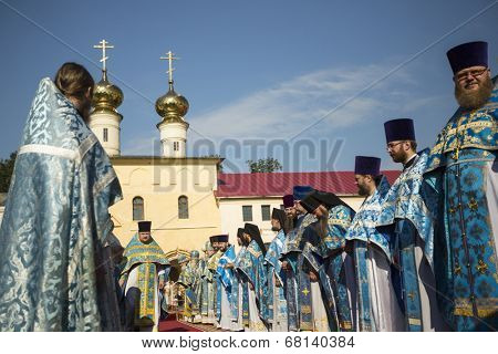 TIKHVIN, RUSSIA - JUL 9, 2014: Bishop Tikhvin and Lodeinopolskiy Mstislav celebrate Orthodox divine Liturgy on occasion celebrations of 10th anniversary of return of the Tikhvin icon of Mother of God.
