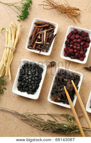 Traditional chinese herbal medicine ingredients, close-up