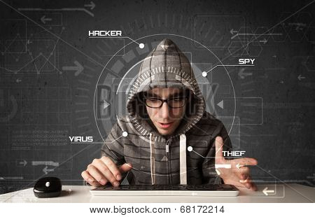 Young hacker in futuristic enviroment hacking personal information on tech background
