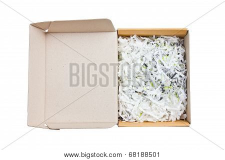 Open paper box heap with bumping papers inside isolated on white background.