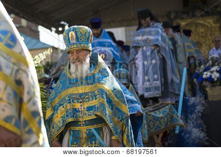 TIKHVIN, RUSSIA - JULY 9, 2014: Unidentified participants Orthodox divine Liturgy on the occasion celebrations of the 10th anniversary of the return of the Tikhvin icon of the Mother of God.