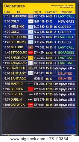 Flight Information Display Screen Board At Airport Of Arrecif