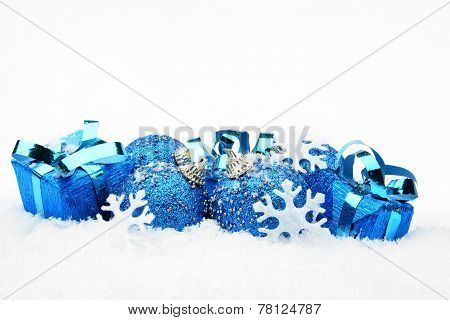 Blue Christmas Decoration On Snow