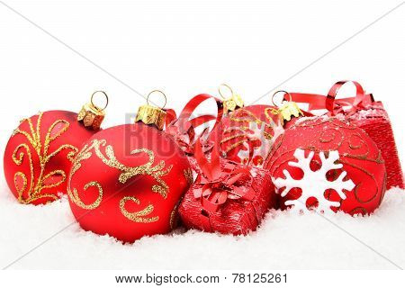 Red Christmas Decoration On Snow