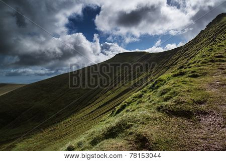Beautiful Landscape Of Brecon Beacons National Park With Moody Sky