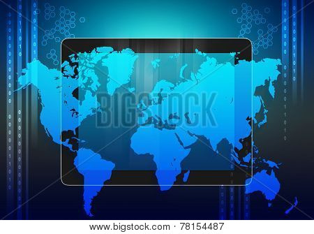 tablet and world map on an abstract background.