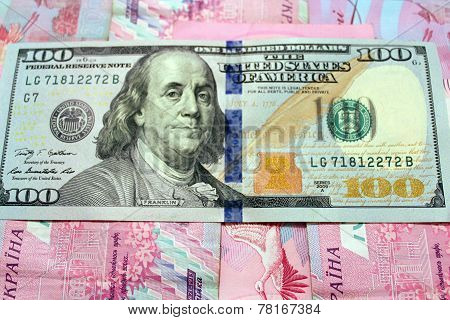 American Dollars On The Grivnas Banknotes' Background