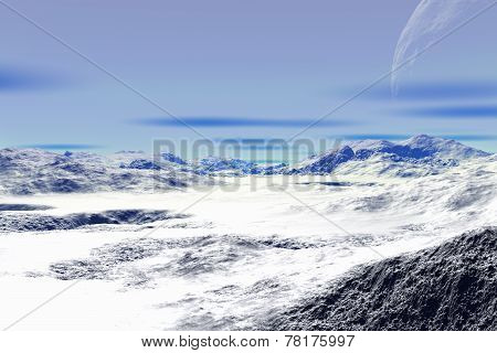 3D Rendered Fantasy Alien Planet. Rocks And Snow