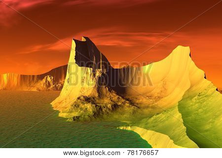 3D Rendered Fantasy Alien Planet. Rocks And Lake