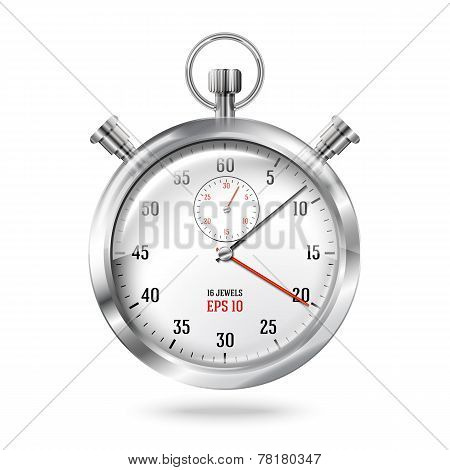 Silver bright stopwatch clock isolated on white background. Vector