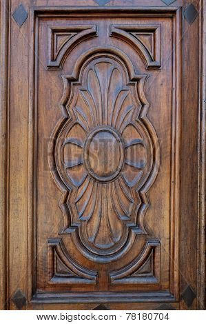 Closeup of an inlaid wooden door