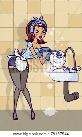 Funny Vector Cartoon Colorfull Girl In Pin-up Style Isolated Background