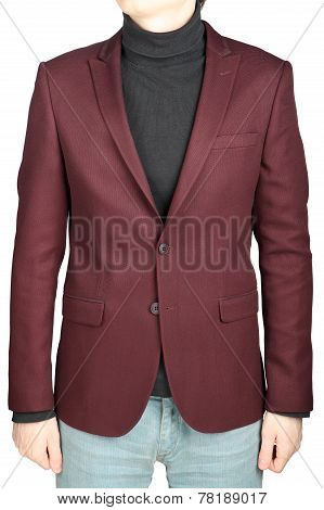 Dark Red Suit Jacket For Men, Combined With Jeans Trousers.