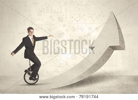 Happy business man riding a monocycle up on an arrow concept