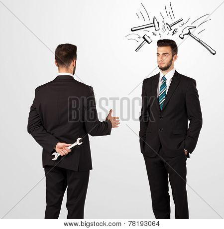 Ruthless businessman hiding a weapon white drawn beating hammer marks 