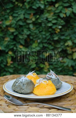 Sweet Sugarpalm Cake With Scraped Coconut, Called Kanom Taan Is A Famous Thai Dessert
