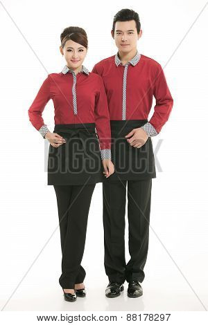 Wear all sorts of apron waiter standing in white background