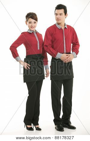Wear all sorts of apron waiter standing in white background