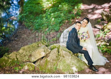 Gorgeus Wedding Couple On Green Sunny Forest On Stones