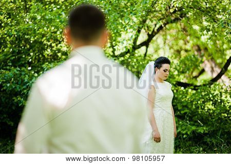 Gorgeus Wedding Couple On Green Sunny Forest