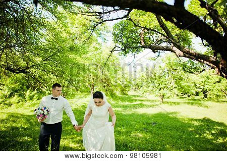 Gorgeus Wedding Couple On Green Sunny Forest