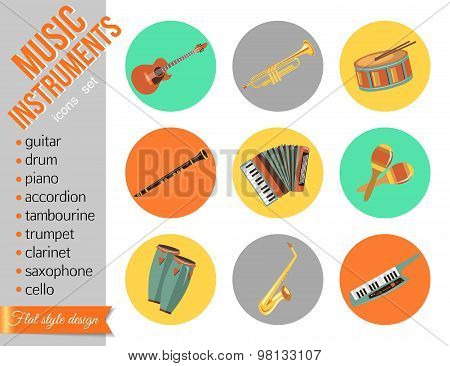 Set of music instruments. Flat style design.