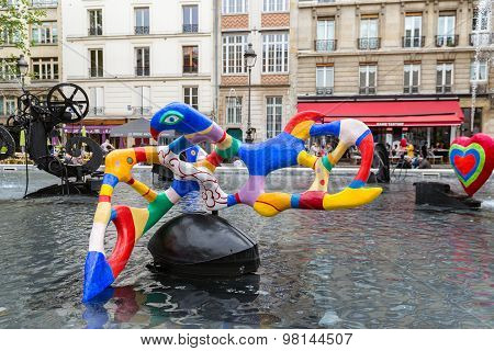Fountain Near Centre Pompidou With Modern Art In Paris
