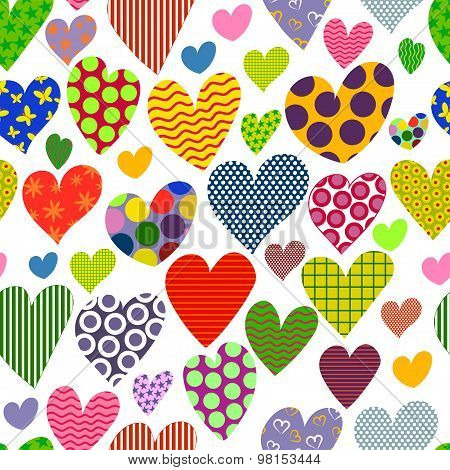 Bright Colored Hearts Background. Seamless Pattern.