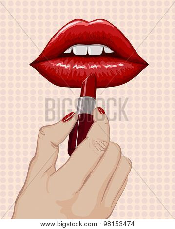 Woman Paints Her Lips With Red Lipstick. Hand Drawn Illustration.