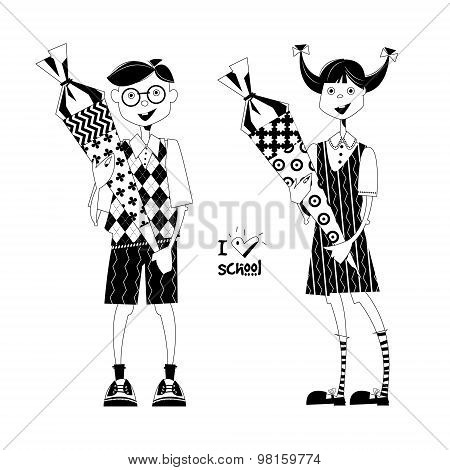 Boy And Girl With Schultuete Cones. I Love School. Black And White.