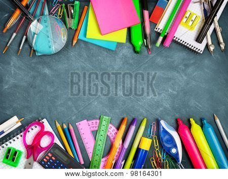 School supplies double border on blackboard