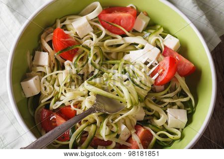 Zucchini Spaghetti With Feta And Tomatoes Macro. Horizontal Top View