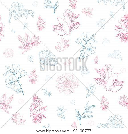 Vector Pastel Pink Blue Japanese Asian Floral Seamless Pattern