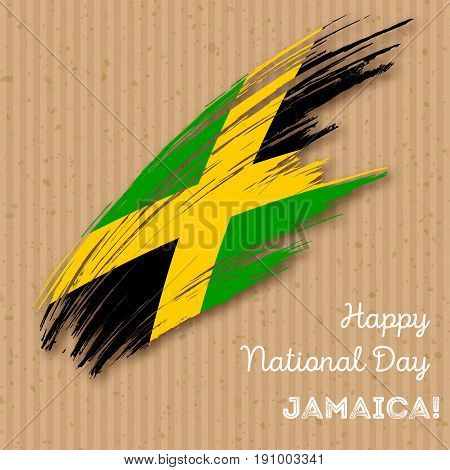 Jamaica Independence Day Patriotic Design. Expressive Brush Stroke In National Flag Colors On Kraft