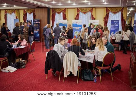 MOSCOW, RUSSIA - JAN 22, 2017: Participant of exhibition Education Abroad for All in Radisson Slavyanskaya Hotel and Business Center. 