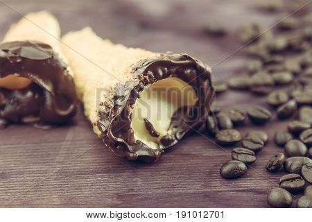 Delicious Sicilian Cannolo Cannellino Sweet With Pastry Hazelnut Near Coffee Beans