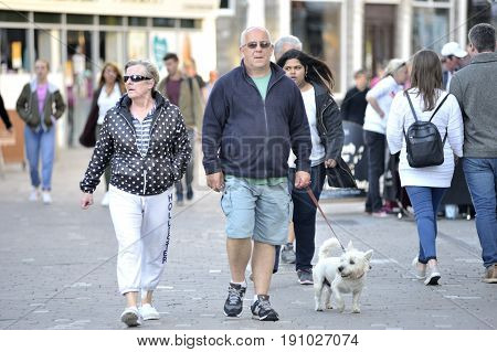 Shop Street Galway Ireland june 2017 Mature couple taking a walk with his dog.
