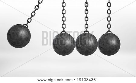3d rendering of a wrecking ball swinging on white background beside three still hanging balls on white background. Destructive force. Odd one out. Building and demolition.