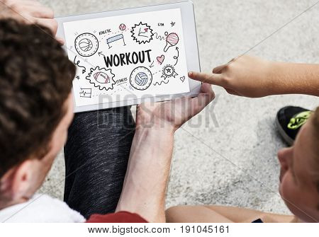 People working on laptop network graphic overlay