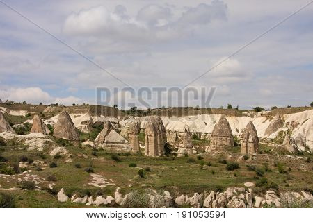 Horizontal Shot Of Fairy Chimneys In Cappadocia Shot On Cloudy Day