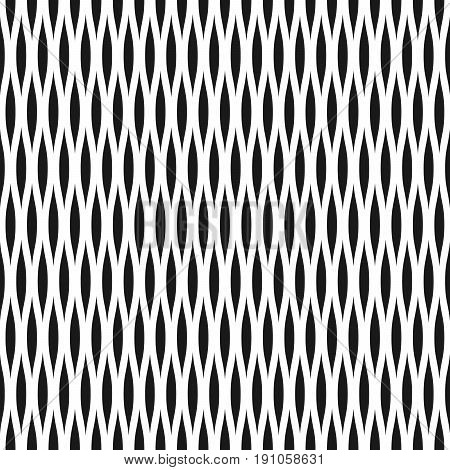 Wavy seamless pattern background in black and white. Vintage and retro abstract ornamental design of spiky ovals or lens shape. Simple flat vector illustration.