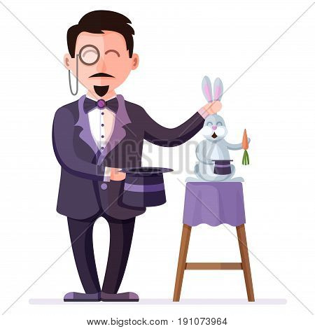 Magician holding trained rabbit with carrot and  magic hat. Retro style circus illusionist. Colorful vector illustration of circus performance magic show with flat cartoon characters.