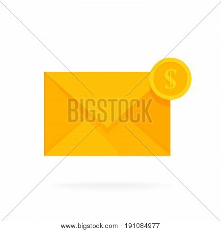Mail envelope icon with dollar coins. Email send money concept vector illustration.