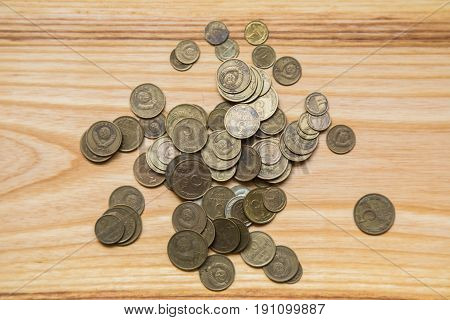 Old Soviet Coins On A Wooden Background