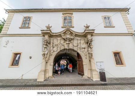 ALBA IULIA ROMANIA - APRIL 30 2017: Fish eye view at gate nr.4 for entrance in medieval fortress of Alba Iulia (Carolina)Transylvania Romania with tourists in front.