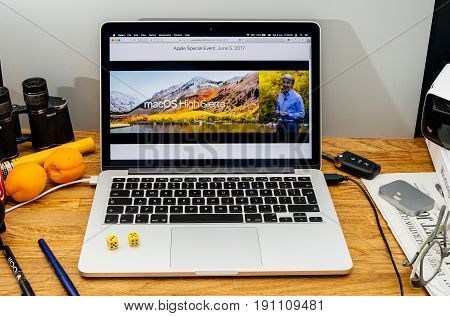 PARIS FRANCE - JUNE 6 2017: Apple Computers website on MacBook laptop in creative environment showcasing Apple Craig Federighi previews macOS High Sierra at WWDC 2017 - presentation of new name