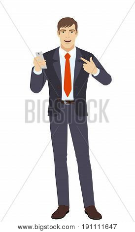 Self-promotion. Businessman with mobile phone pointing at himself. Full length portrait of businessman character in a flat style. Vector illustration.
