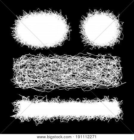 White vector doodles on black background. Sketchy frames. Scribble design elements