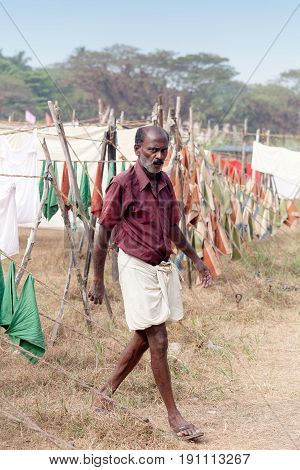 Indian People Working Hard On Dhobi Ghat In Fort Cochin, India