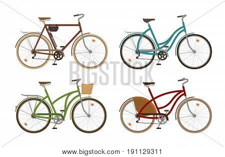 Classic bike, set icons. Retro bicycle, transport. Cartoon vector illustration isolated on white background